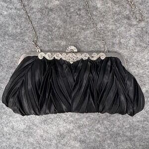Vtg Damara Black Satin Evening Bag Clutch Purse Silver Elegant Event Kiss Clasp